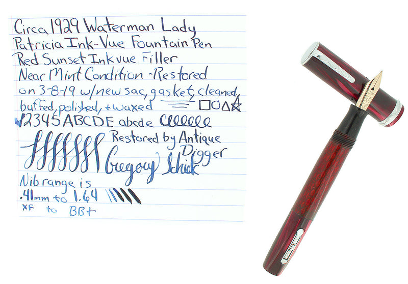 CIRCA 1929 WATERMAN LADY PATRICIA INK VUE SUNSET RED FOUNTAIN PEN RESTORED OFFERED BY ANTIQUE DIGGER
