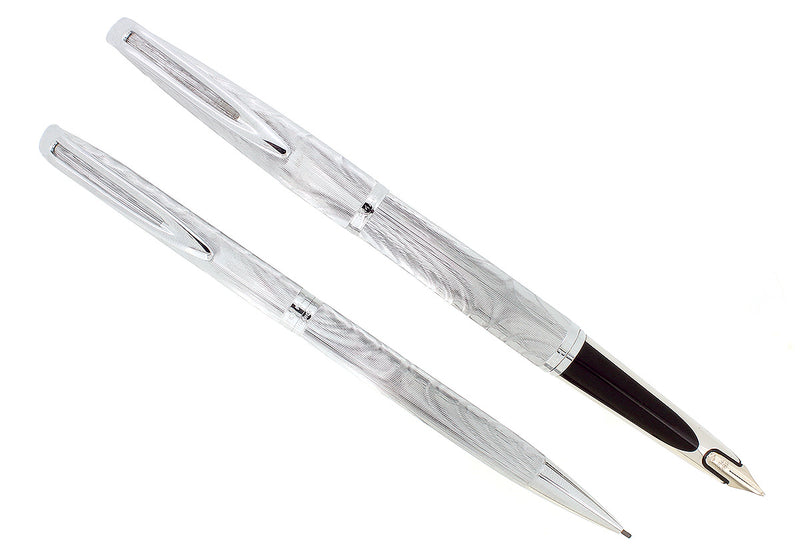1950S WATERMAN C/F SILVER MOIRE FOUNTAIN PEN 18K NIB & PENCIL SET NR MINT OFFERED BY ANTIQUE DIGGER