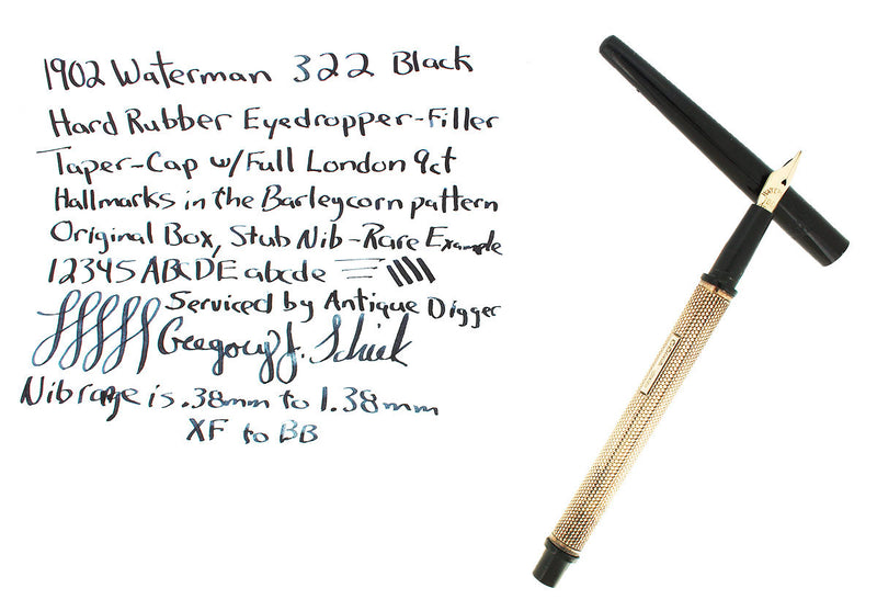 1902 WATERMAN 522 BHR TAPER CAP 9CT BARLEYCORN PATTERN EYEDROPPER FOUNTAIN PEN OFFERED BY ANTIQUE DIGGER